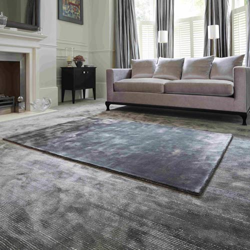 100% TENCEL simla rug in GUNMETAL on 100% Viscose Chatapur carpet in IRON BROADLOOM