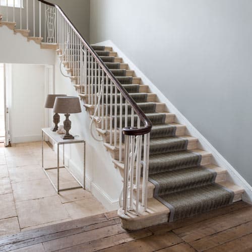 Crucial Trading, Grand Herringbone sisal carpet in praline as runner on stairs