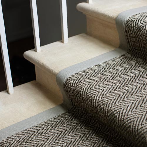 Crucial Trading, Grand Herringbone Sisal carpet in praline on stairs as runner