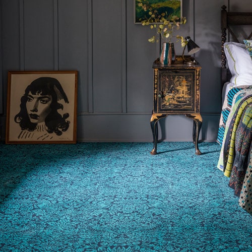 Alternative Flooring, Liberty Fabrics Range, Strawberry Meadow wool carpet in peacock colour laid in bedroom